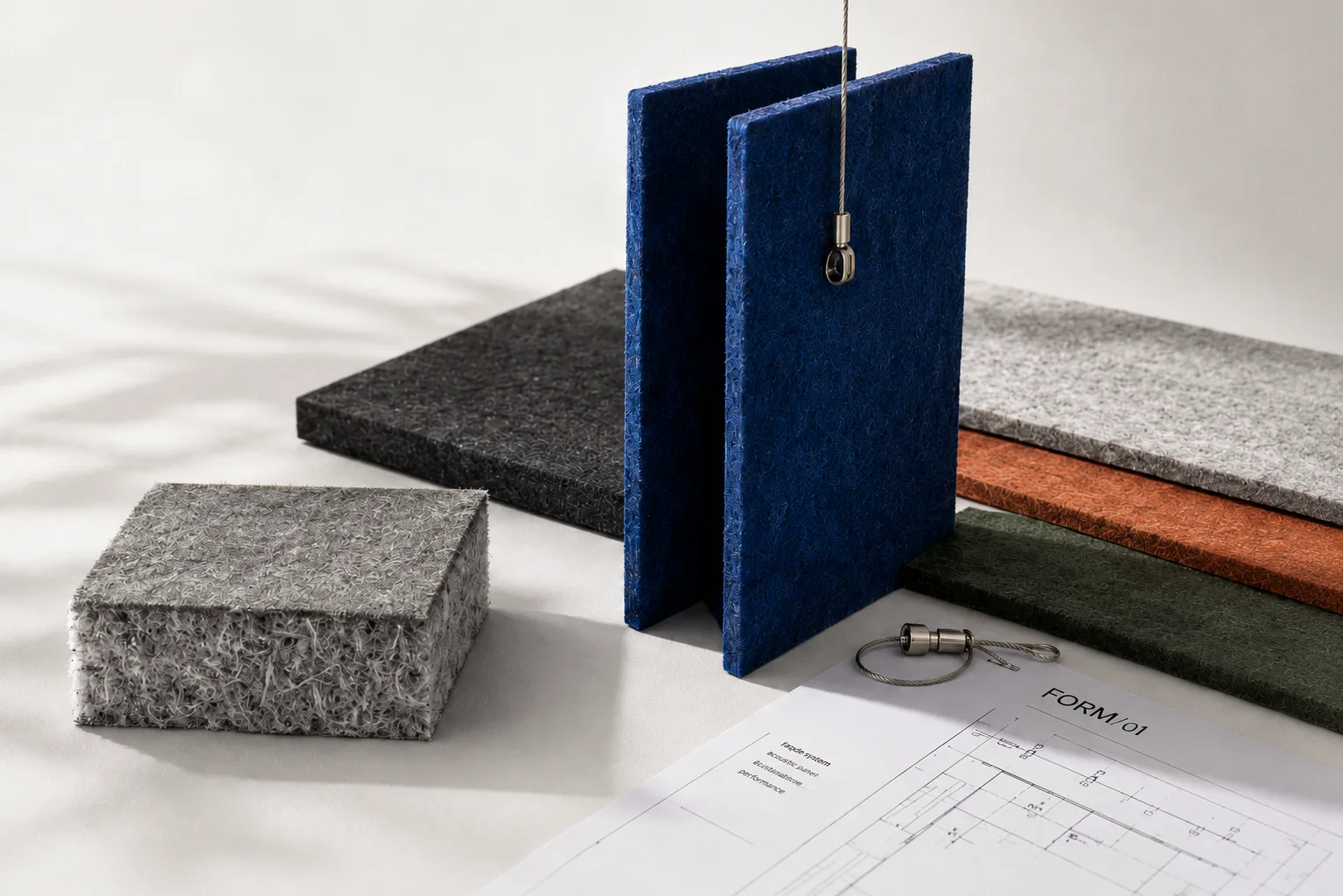 Acoustic felt sample tiles in six colors