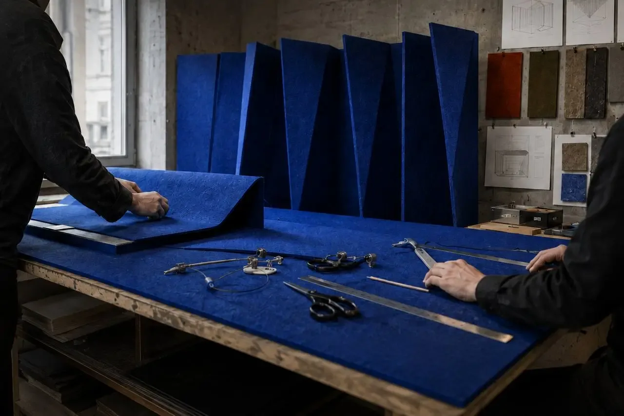 Studio bench with cobalt felt panels and hand tools